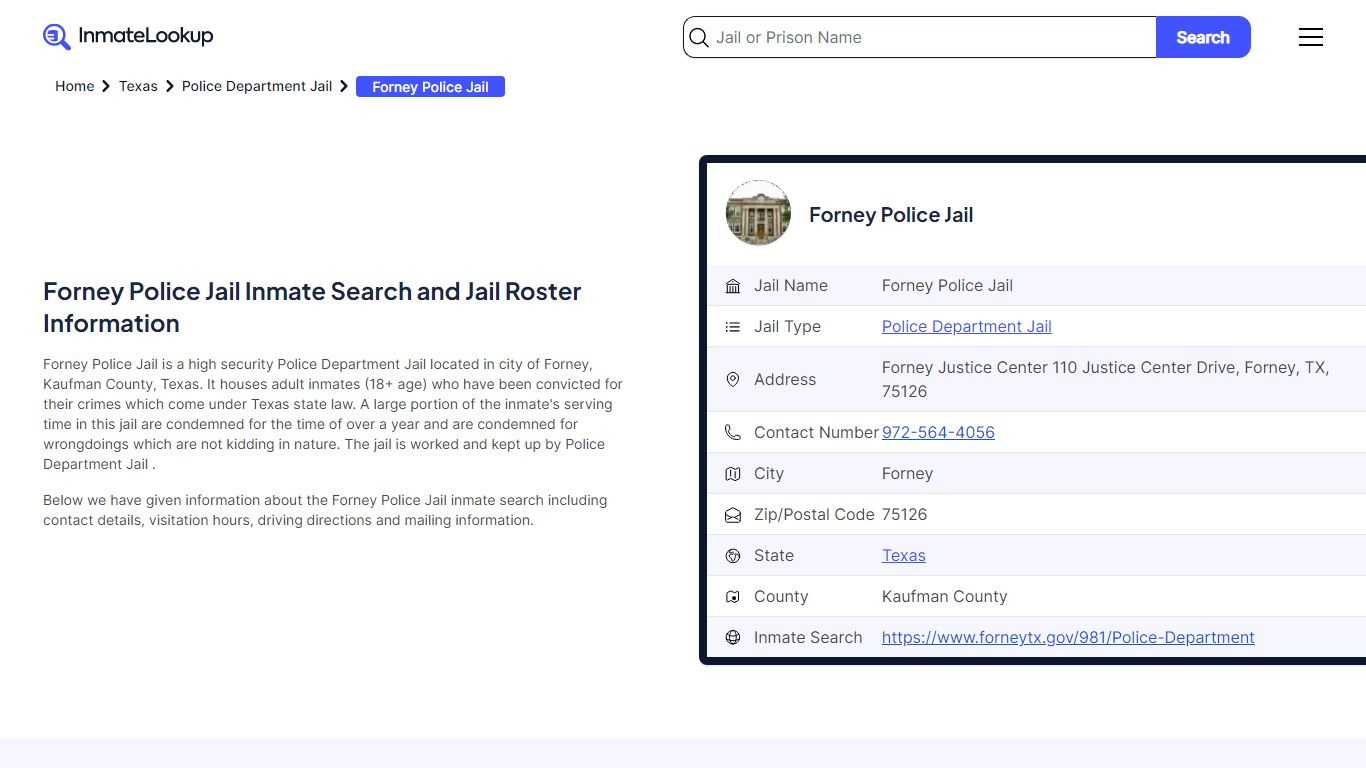Forney Police Jail Inmate Search and Jail Roster Information